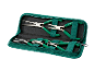 Precisietangenset met groene handvatten in een groene etui met rits.