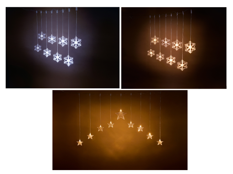 LED-lichtsnoeren in sneeuwvlok- en stervorm in wit en warm wit.