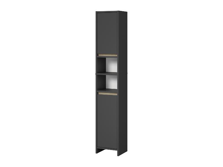 Donkergrijze hoge badkamerkast met open en gesloten planken, met lichte houten details.
