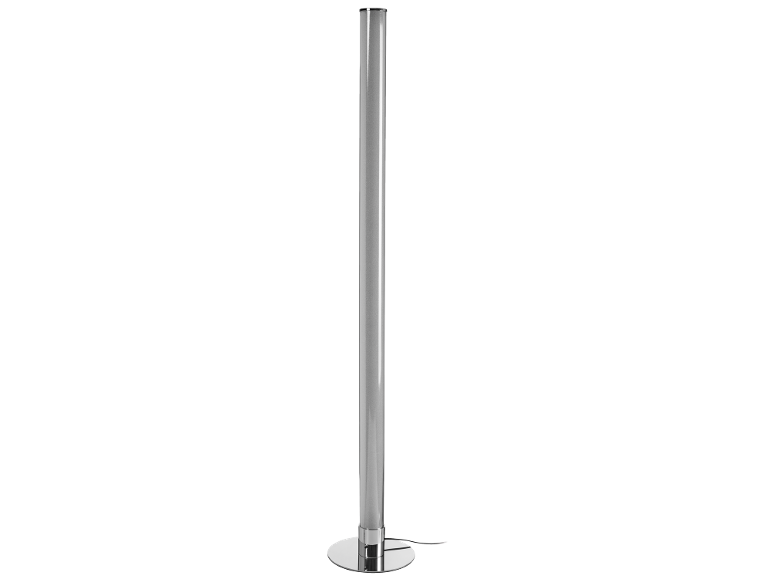 Moderne buisvormige vloerlamp met chromen ronde voet en zwarte kabel.