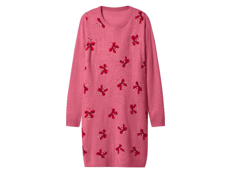 Roze gebreide jurk met rode zuurstok- en strikpatronen