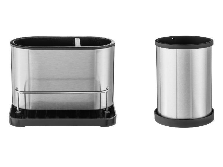 Roestvrijstalen afdruiprek met bestekhouder en een aparte ronde bestekhouder.