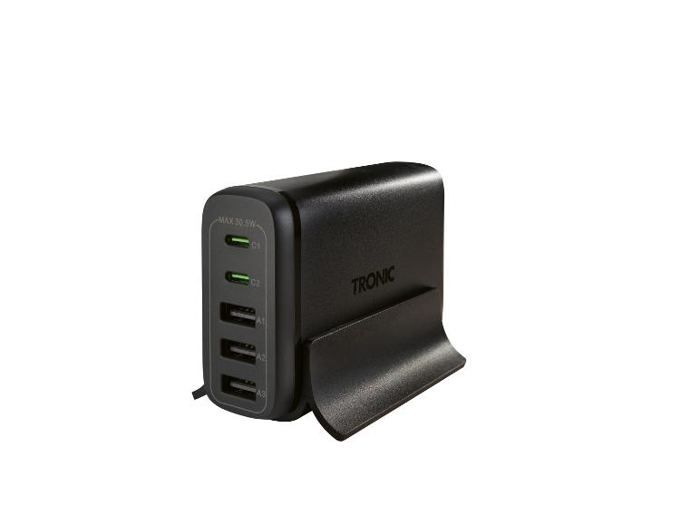 Zwart USB-laadstation met twee USB-C-poorten en drie USB-A-poorten, max 30.5W.
