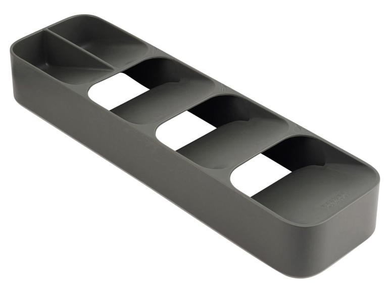 Grijze plastic lade-organizer met vijf vakken.