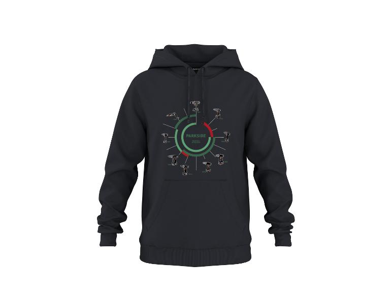 Zwarte hoodie met grafische print van de evolutie van boormachines.