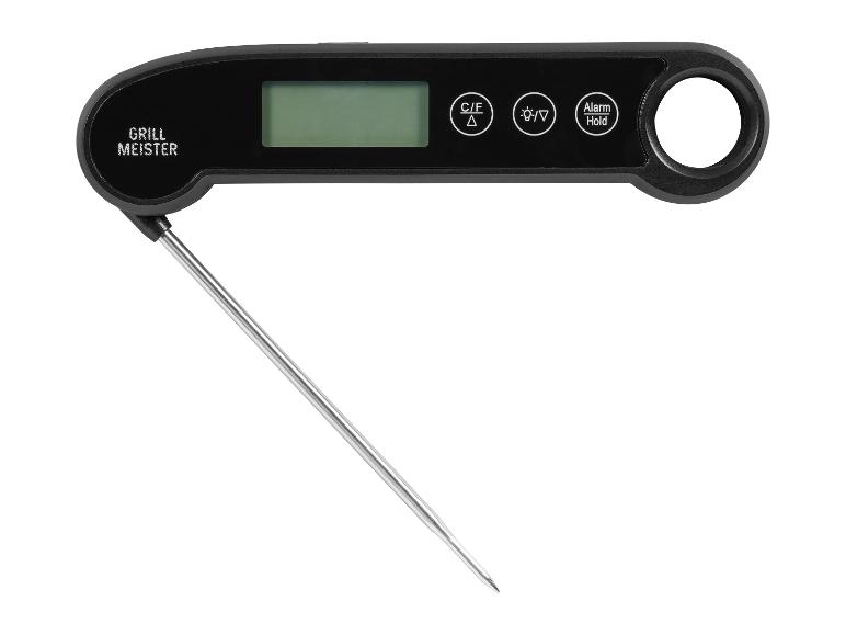 Zwarte Grill Meister digitale vleesthermometer met opvouwbare sonde en display.