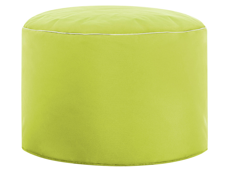 Een groene ronde poef voor binnen of buiten.