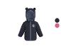 Donkerblauwe gewatteerde jas voor baby's met Mickey Mouse-patch en capuchon met patroon.