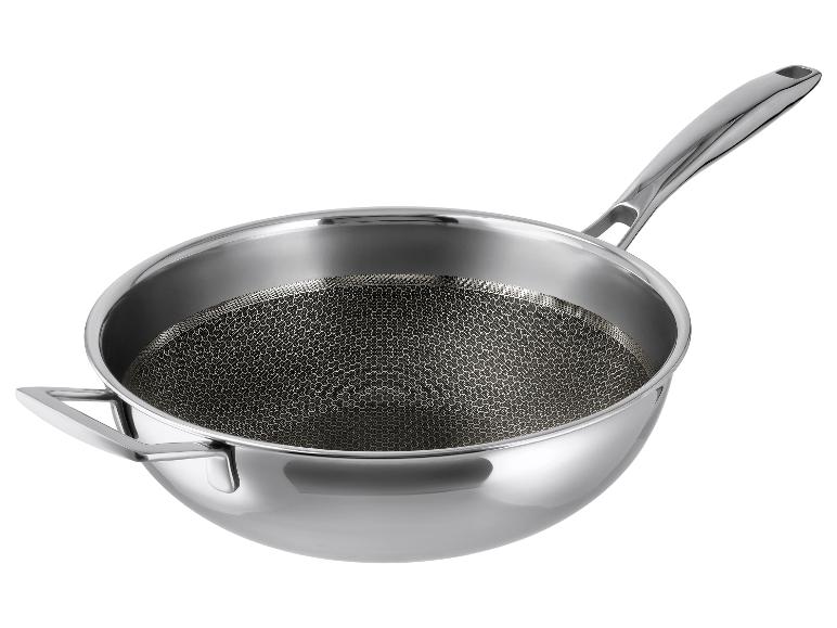 Roestvrijstalen wokpan met een lange steel en een hulpsteel, met een getextureerde binnenkant.