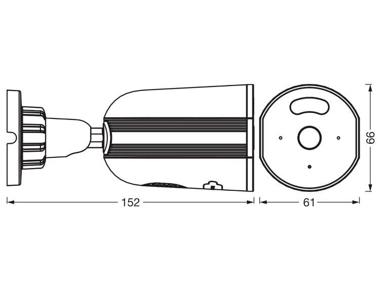 Maattekening van een bewakingscamera, 152 mm lang, 61 mm breed en 66 mm hoog.