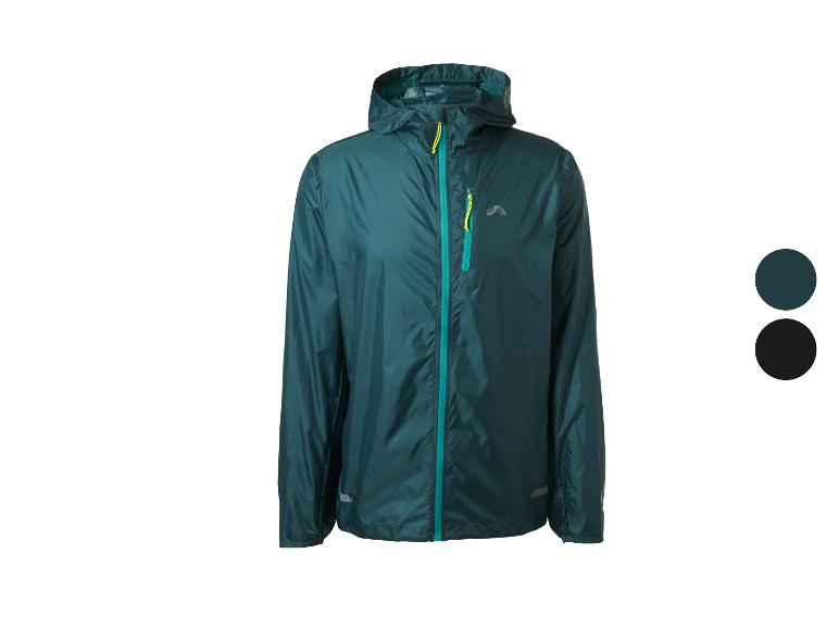 Lichtgewicht herenregenjas in donkergroen met turquoise rits en gele details.