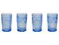 Set van vier blauwe glazen, vintage stijl, met bloemmotief.