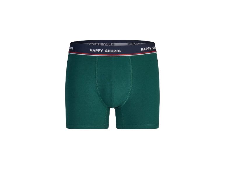 Groene boxershort met marineblauwe elastische tailleband en de tekst 'HAPPY SHORTS'.