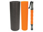 Een zwarte foamroller, een oranje foamroller en een oranje massagetool.