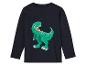 Een donkerblauwe longsleeve met een groene dinosaurusprint.