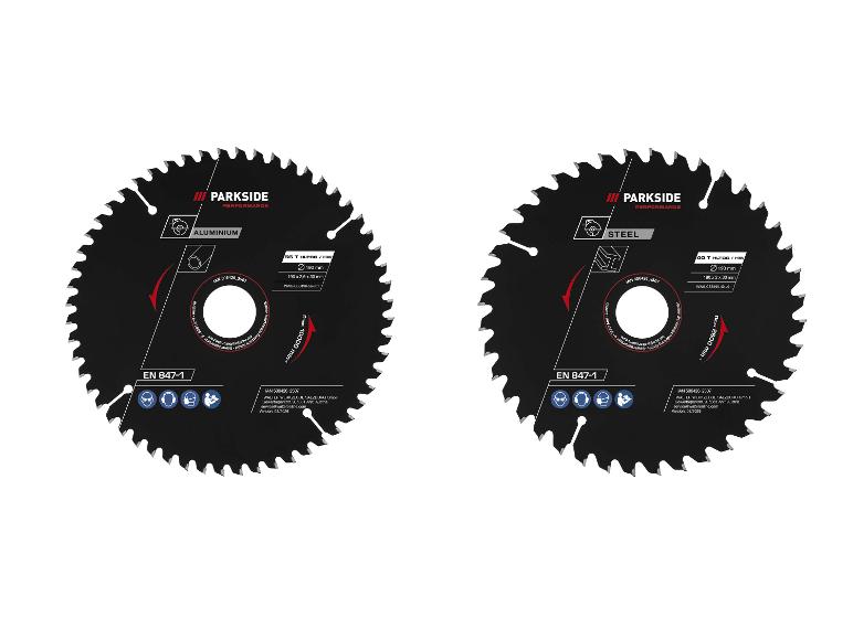 Twee cirkelzaagbladen, één voor aluminium en één voor staal, met specificaties.