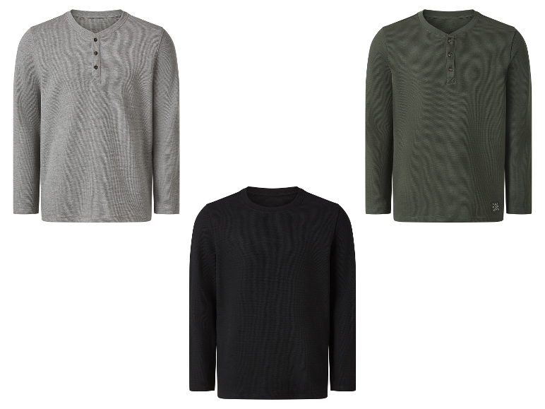 Drie longsleeve shirts: grijs, donkergroen en zwart.