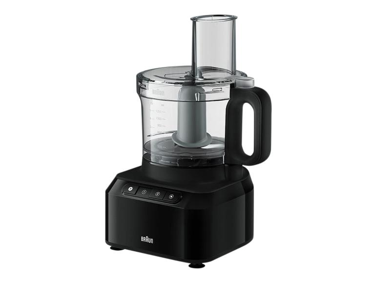 Zwarte keukenmachine met transparante kom en bedieningsknoppen.