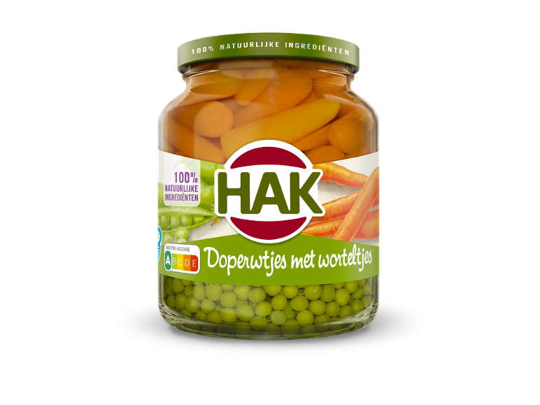 Een pot doperwtjes met worteltjes met Nutri-Score A.