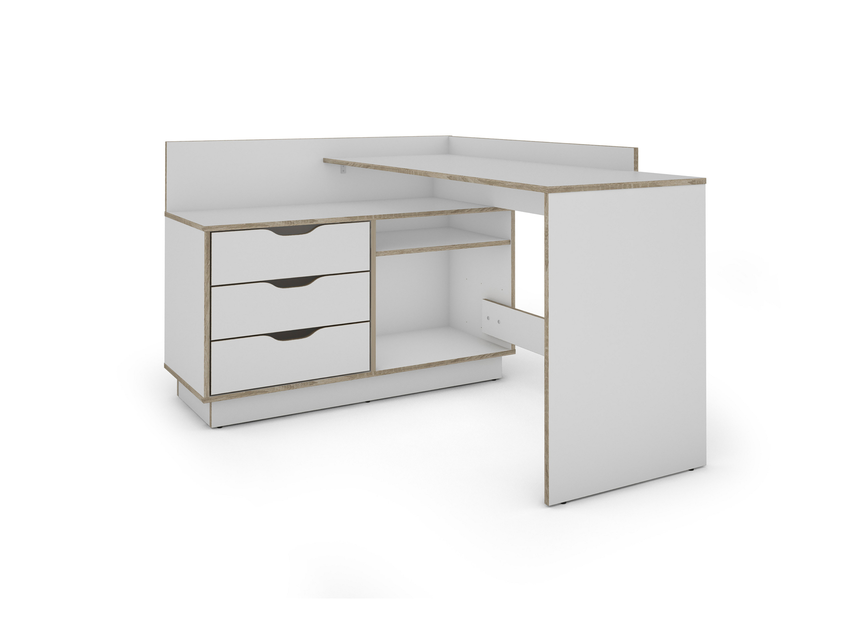 BYLIVING Bureau Belfast, met trendy grepen & rolladegeleiding. (wit/sonoma eiken)
