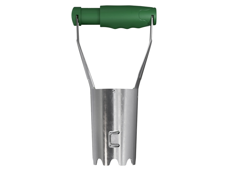 Een metalen plantgatmaker met een groene handgreep.