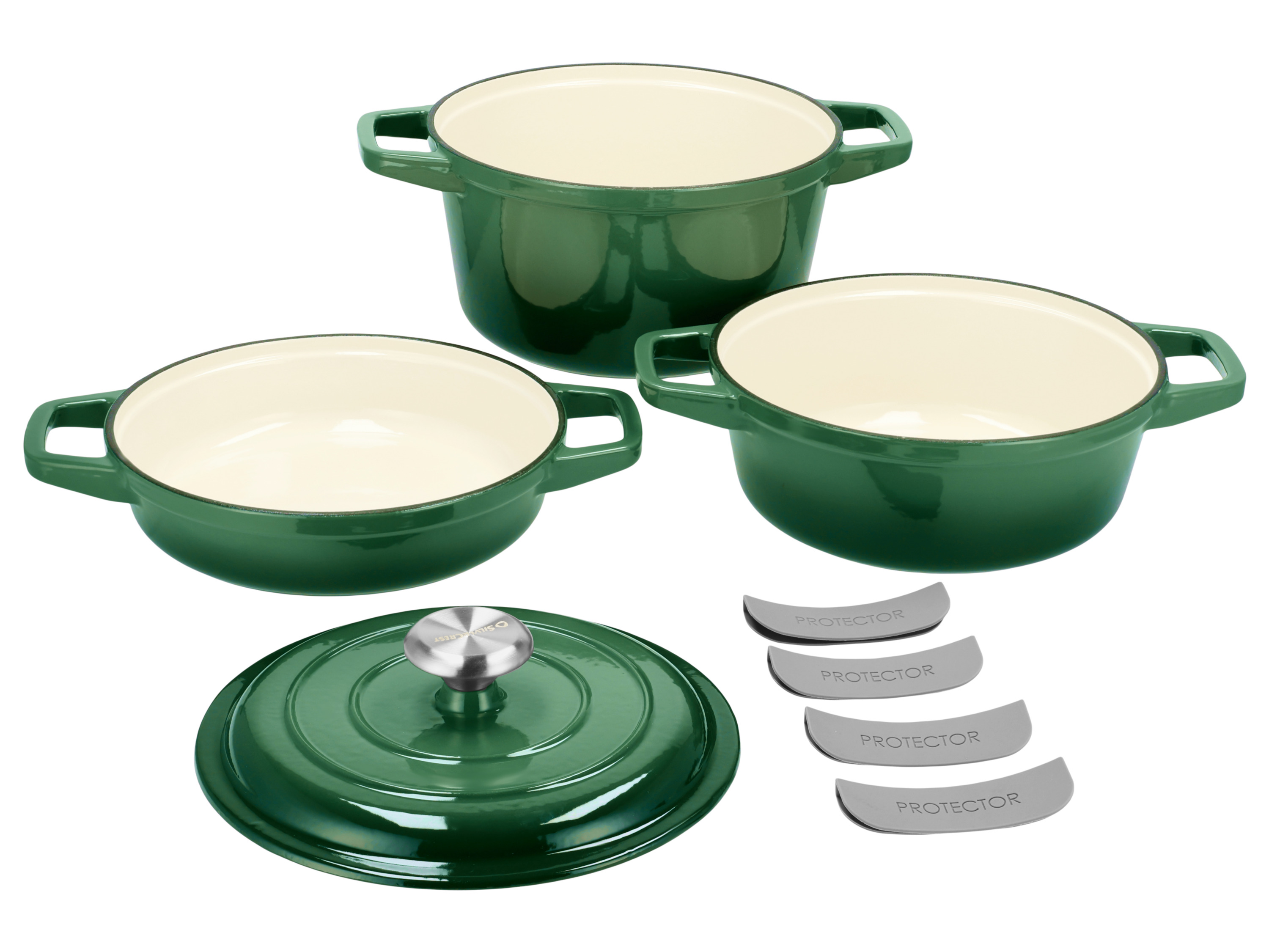SILVERCREST Gietijzeren pannenset, 3 pannen, 1 deksel (Groen)