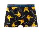 Zwarte boxershorts met gele cartoonfiguren en witte bliksemschichten.
