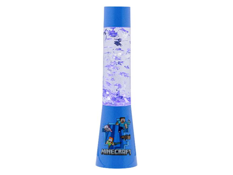 Blauwe lavalamp met paarse glitters en videogamepersonages op de basis.