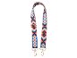 Tasriem met geometrisch patroon in blauw, roze, bruin en beige, met gouden gespen.