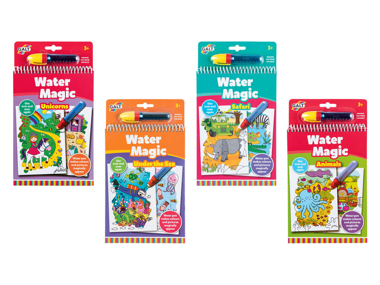 Vier GALT Water Magic kleurboeken met thema's als eenhoorns, safari, onder de zee en dieren.