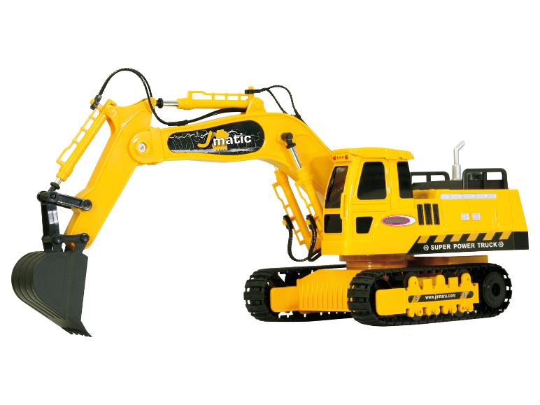 Een gele Jamara speelgoedgraafmachine met zwarte rupsbanden en een gelede arm.