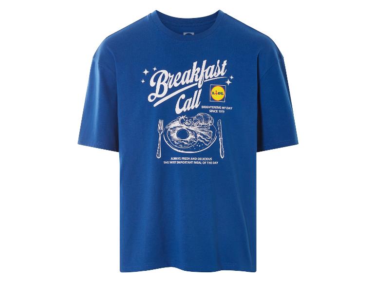 Blauw Lidl t-shirt met "Breakfast Call" print.