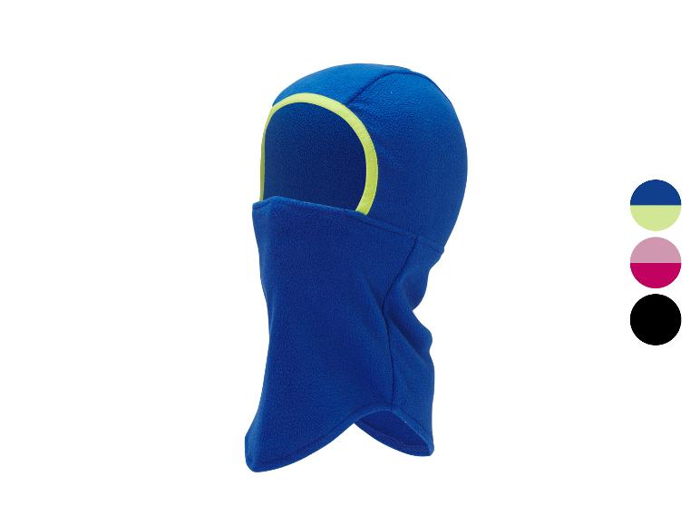 Blauwe fleece bivakmuts met gele bies, getoond met kleuropties.