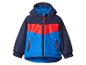 Kinderjas in donkerblauw, rood en lichtblauw met capuchon en rits.
