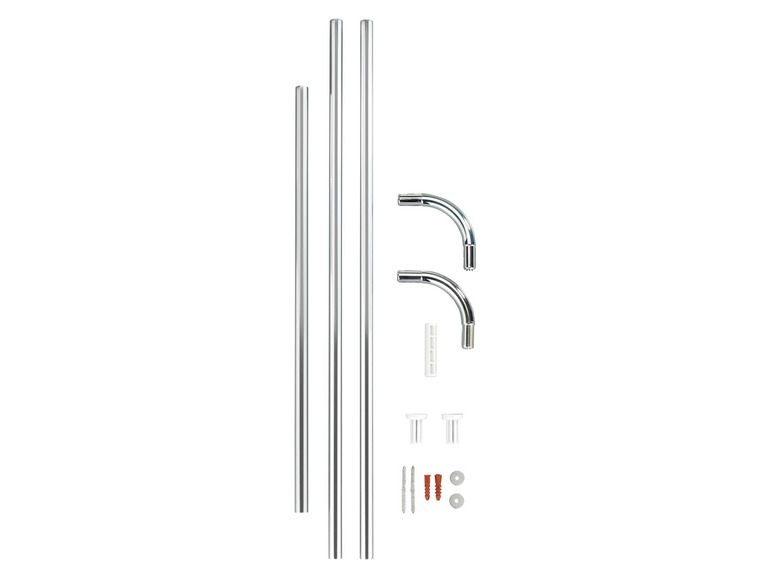 Een set chromen douchestang met beugels en montagemateriaal.