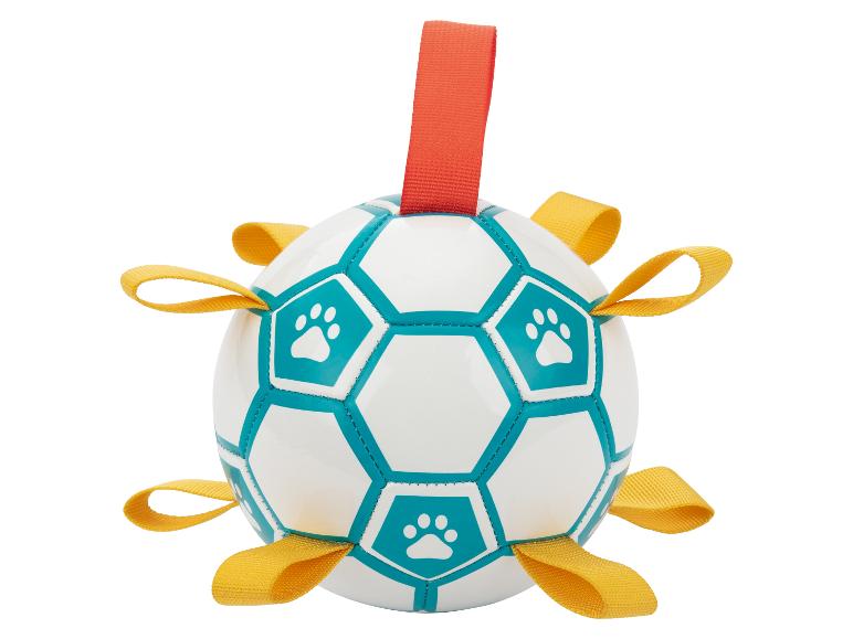 Hondenvoetbal met gele banden en een oranje handvat.