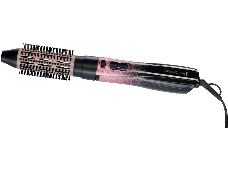 Roze en zwarte heteluchtstyler met borstelkop en bedieningselementen.