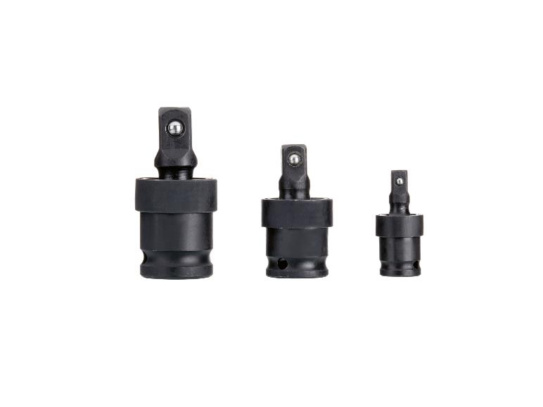 Drie zwarte universele dopadapters op een witte achtergrond.