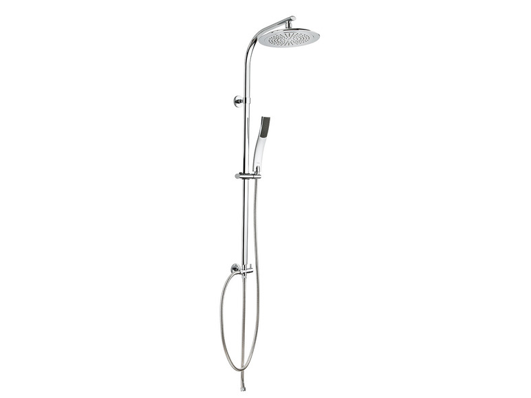 Een chromen doucheset met een grote regendouche en een handdouche.
