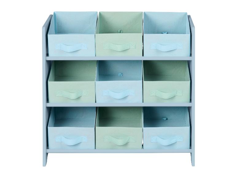 Opbergrek met 9 stoffen dozen in pastelblauwe en groene tinten