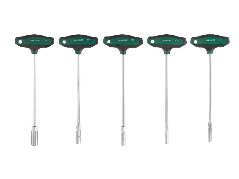 Set van vijf T-handvat dopsleutels in maten 5, 6, 8, 10 en 13 mm.