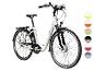 Witte elektrische fiets met lage instap en kleurenpalet aan de zijkant.