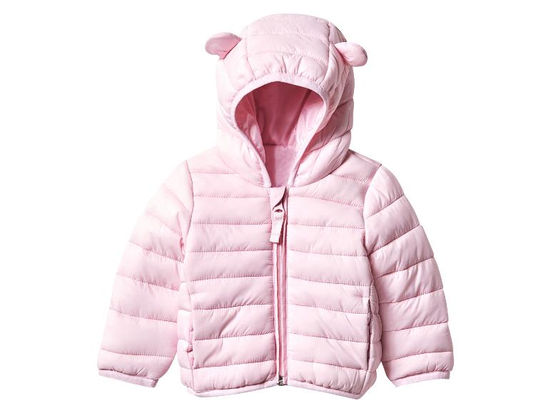 Roze baby donsjas met capuchon.