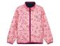 Roze kinderfleecejack met bouwsteenpatroon.