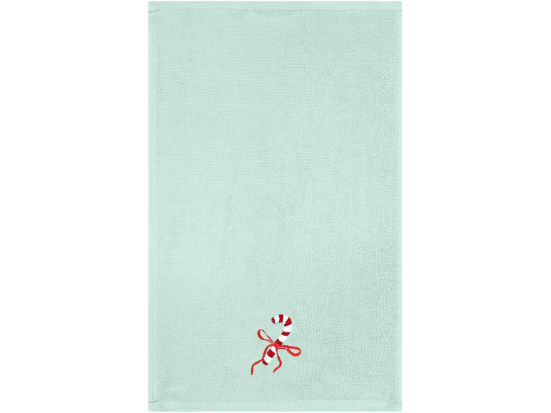 Mintgroene handdoek met geborduurd zuurstokje met rode strik.