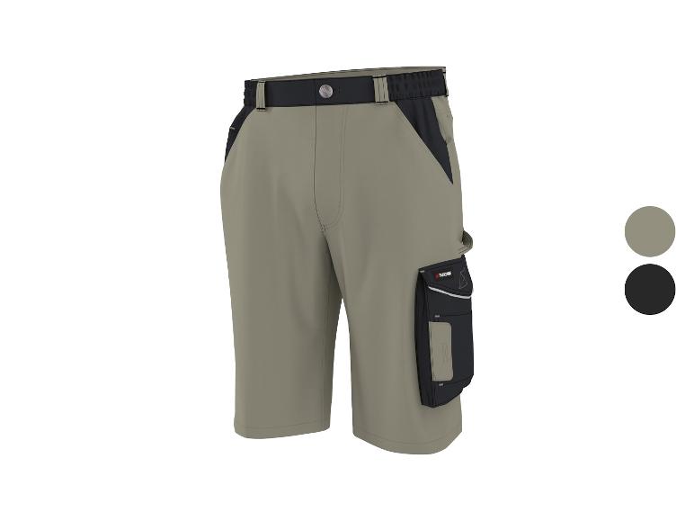 Khaki werkshorts met zwarte details en zijzak.
