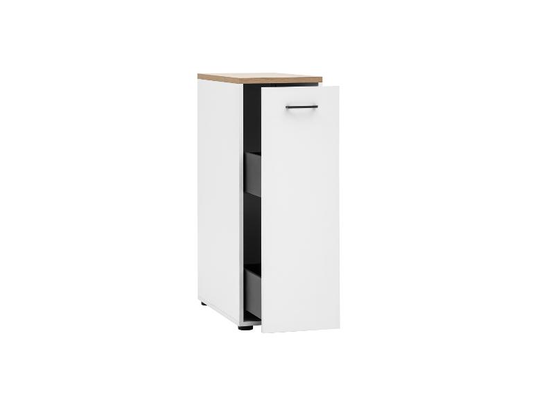 Witte hoge kast met houten blad en grijze lades, met een openstaande deur.