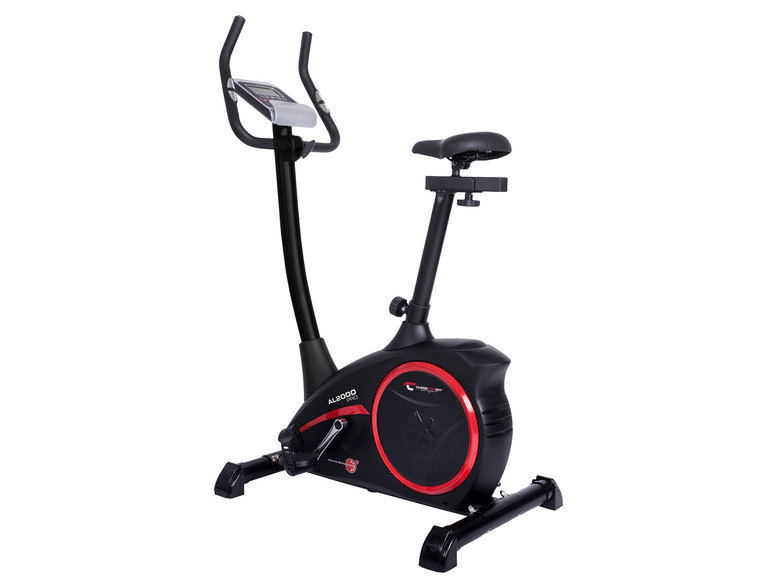 Een zwarte hometrainer met rode accenten van het merk Christopeit.