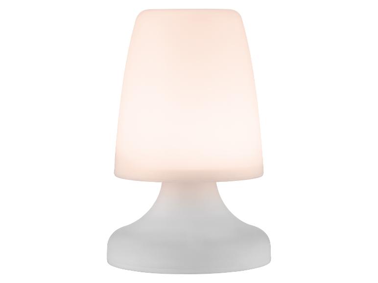 Witte tafellamp met een lichtgevende, kegelvormige kap en een afgeronde voet