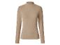 Beige, geribbelde damestrui met col en lange mouwen.